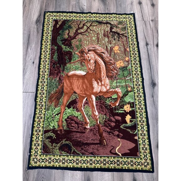 Vintage A.T.C. Unicorn Horse with Snake Print Tapestry Rug Wall Hanging 32x50 In - Picture 1 of 7